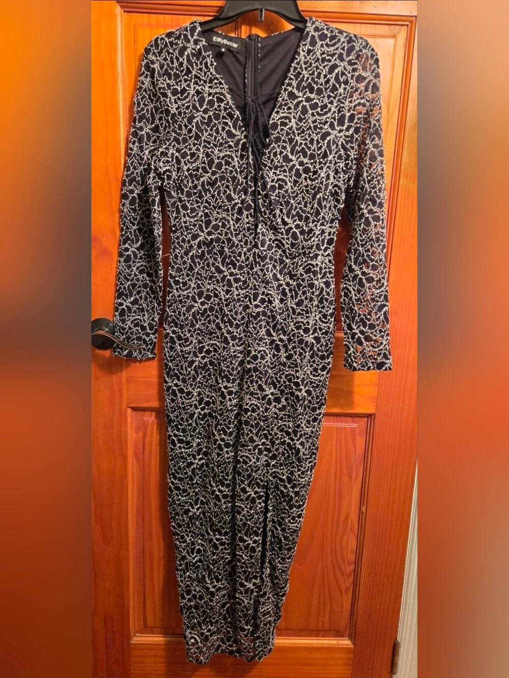 Eilly Bazar Black Lace Long Sleeve Midi Dress Silver Threading Sheer Gothic Med